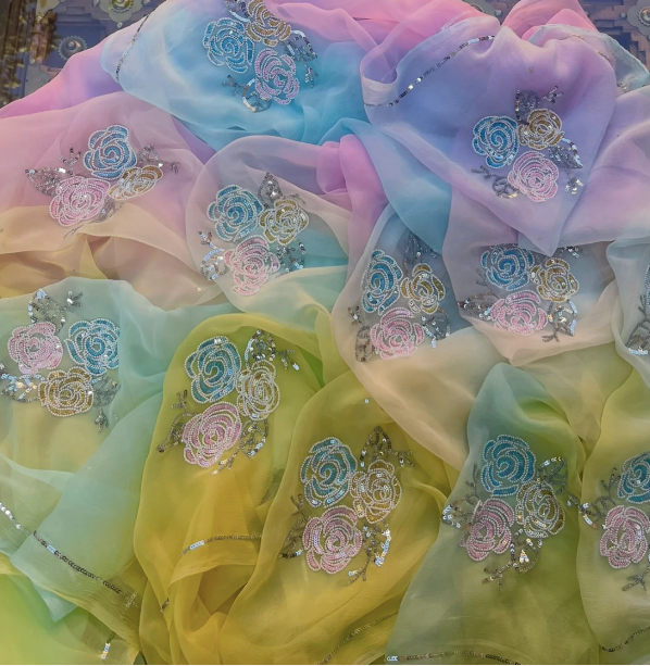 Rainbow Rose Chiffon Saree