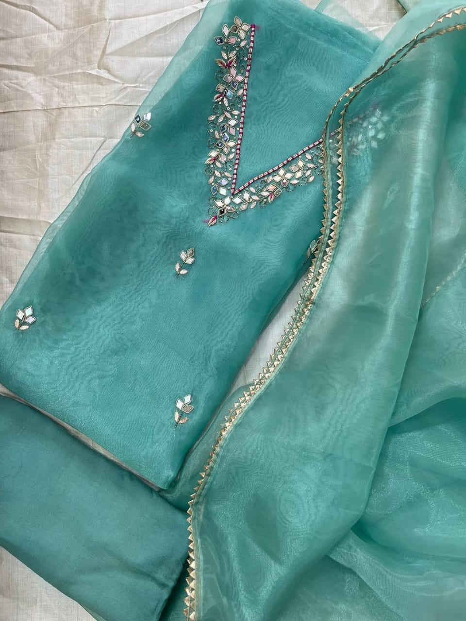 V Neck Organza Handwork Suit Fabric