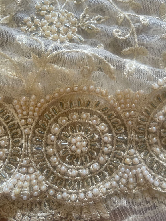 Beige Net Pearl Saree