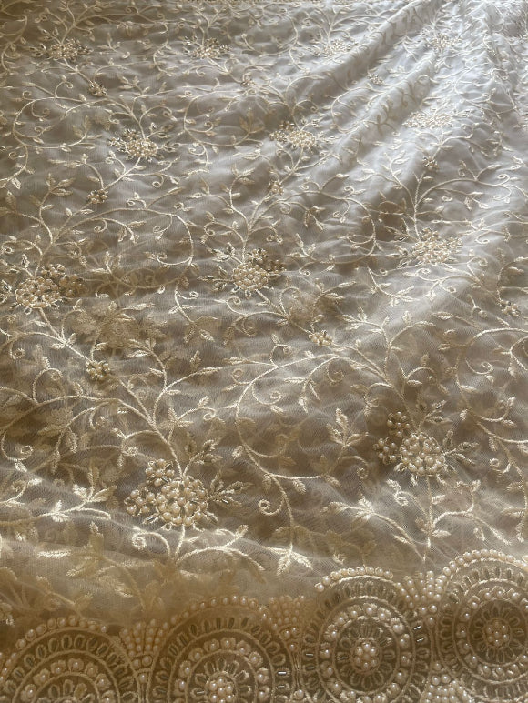 Beige Net Pearl Saree