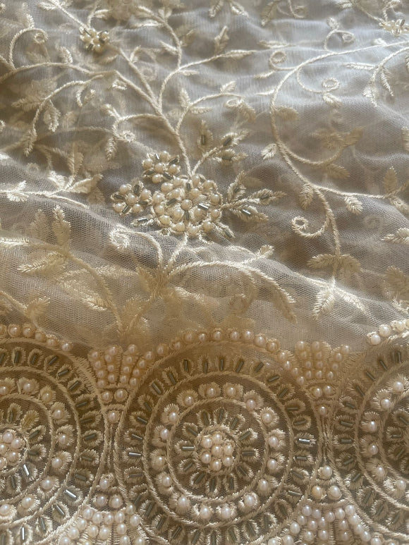 Beige Net Pearl Saree