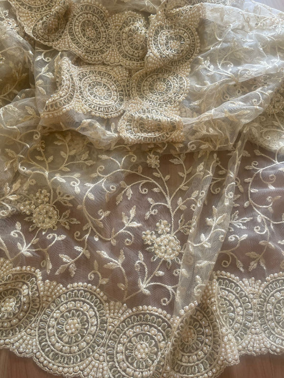 Beige Net Pearl Saree