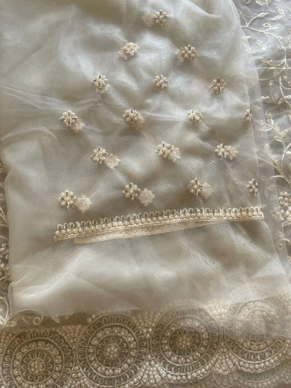 Beige Net Pearl Saree