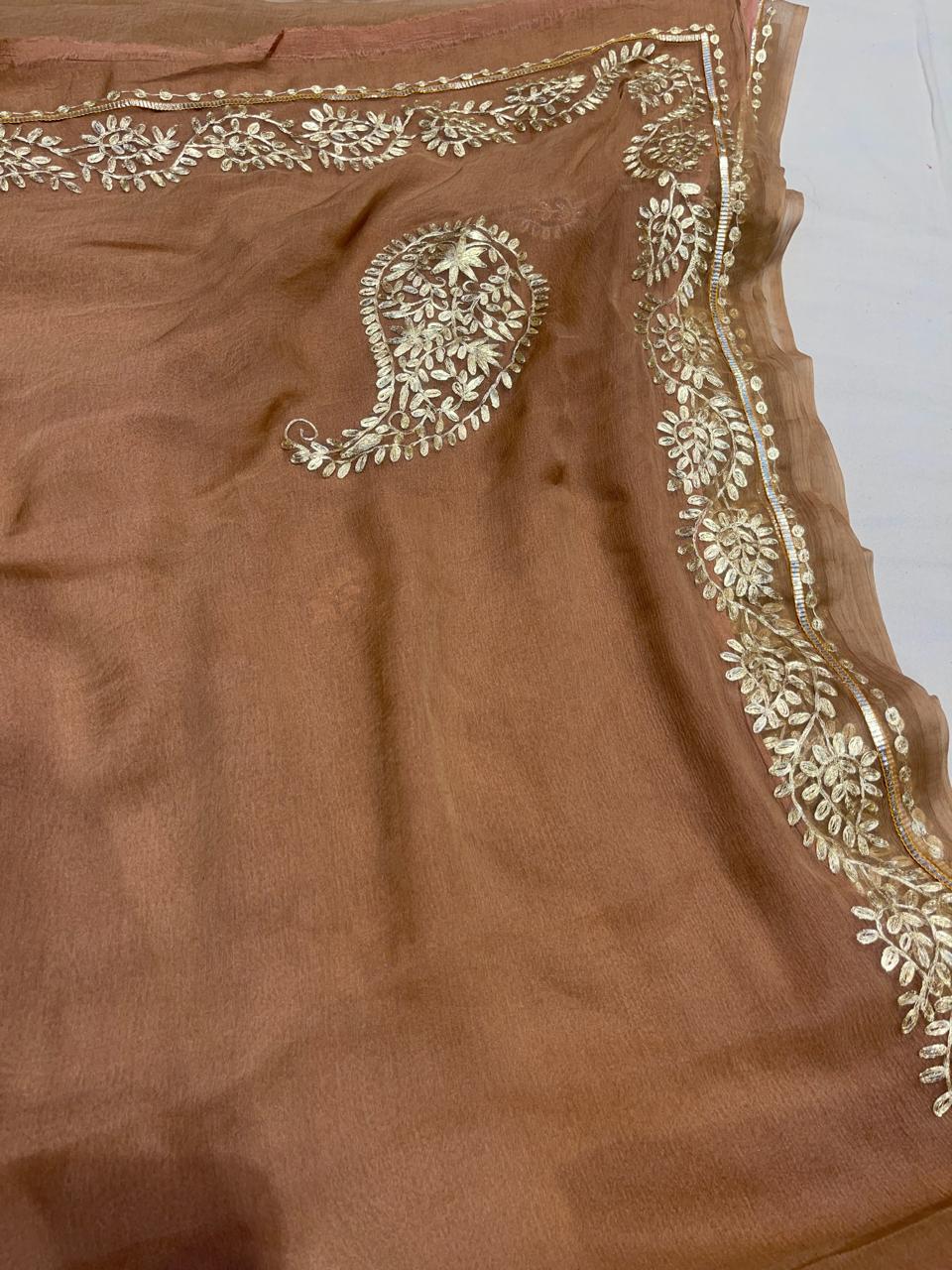 Brown Pitta Work Saree