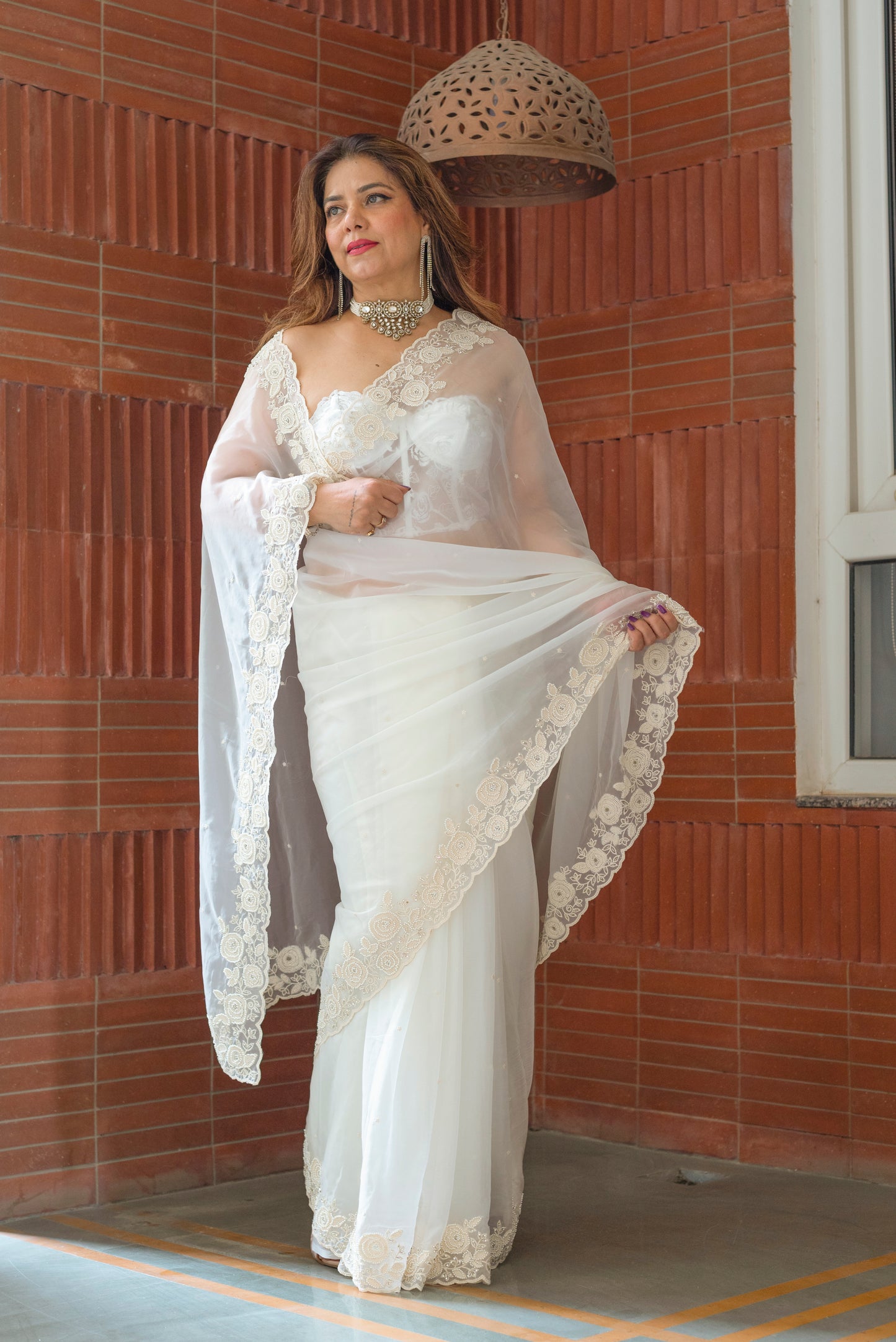 Ivory Pearl Glass Organza Saree