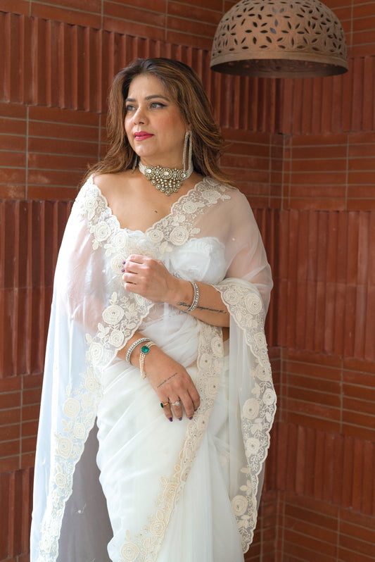 Ivory Pearl Glass Organza Saree