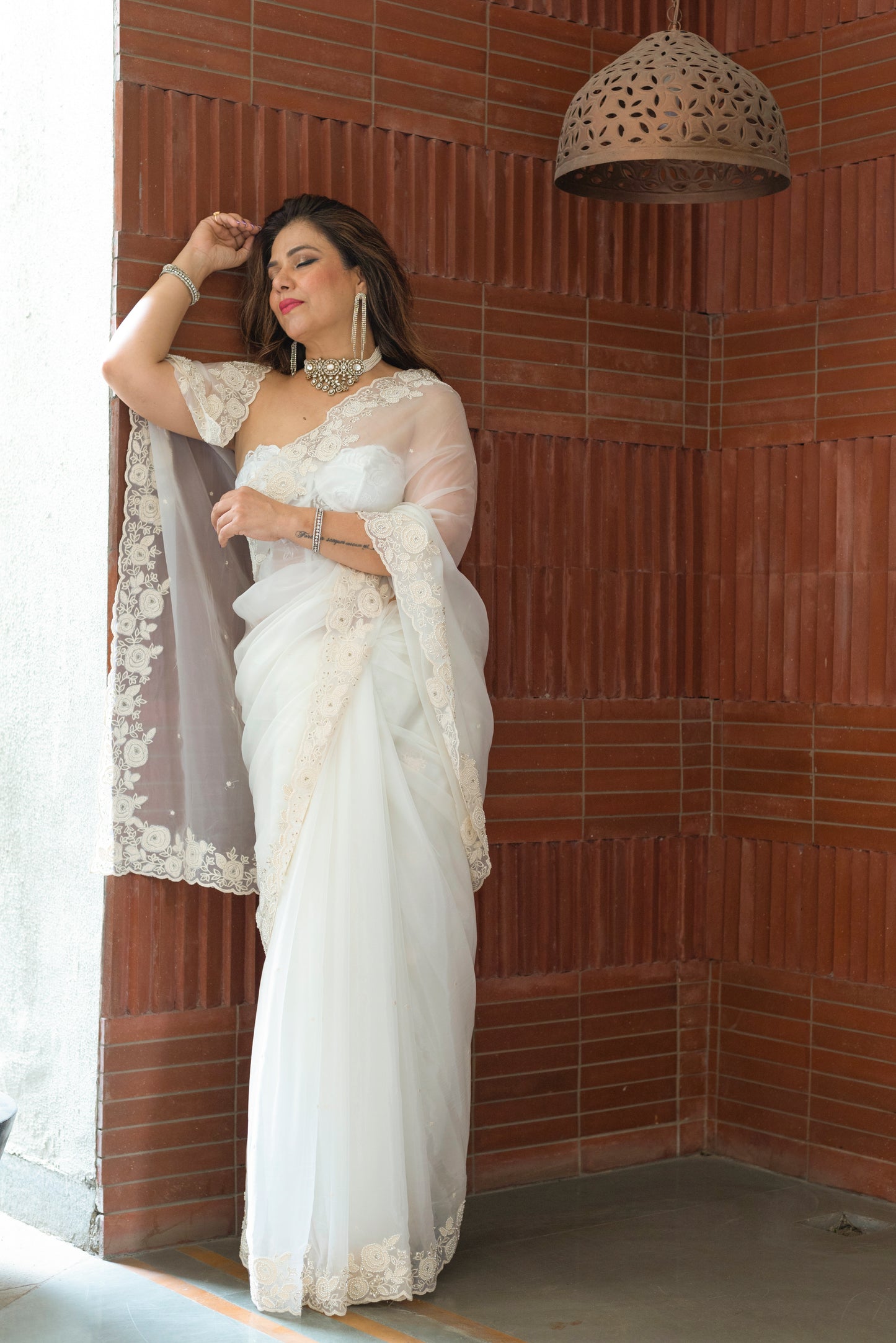 Ivory Pearl Glass Organza Saree