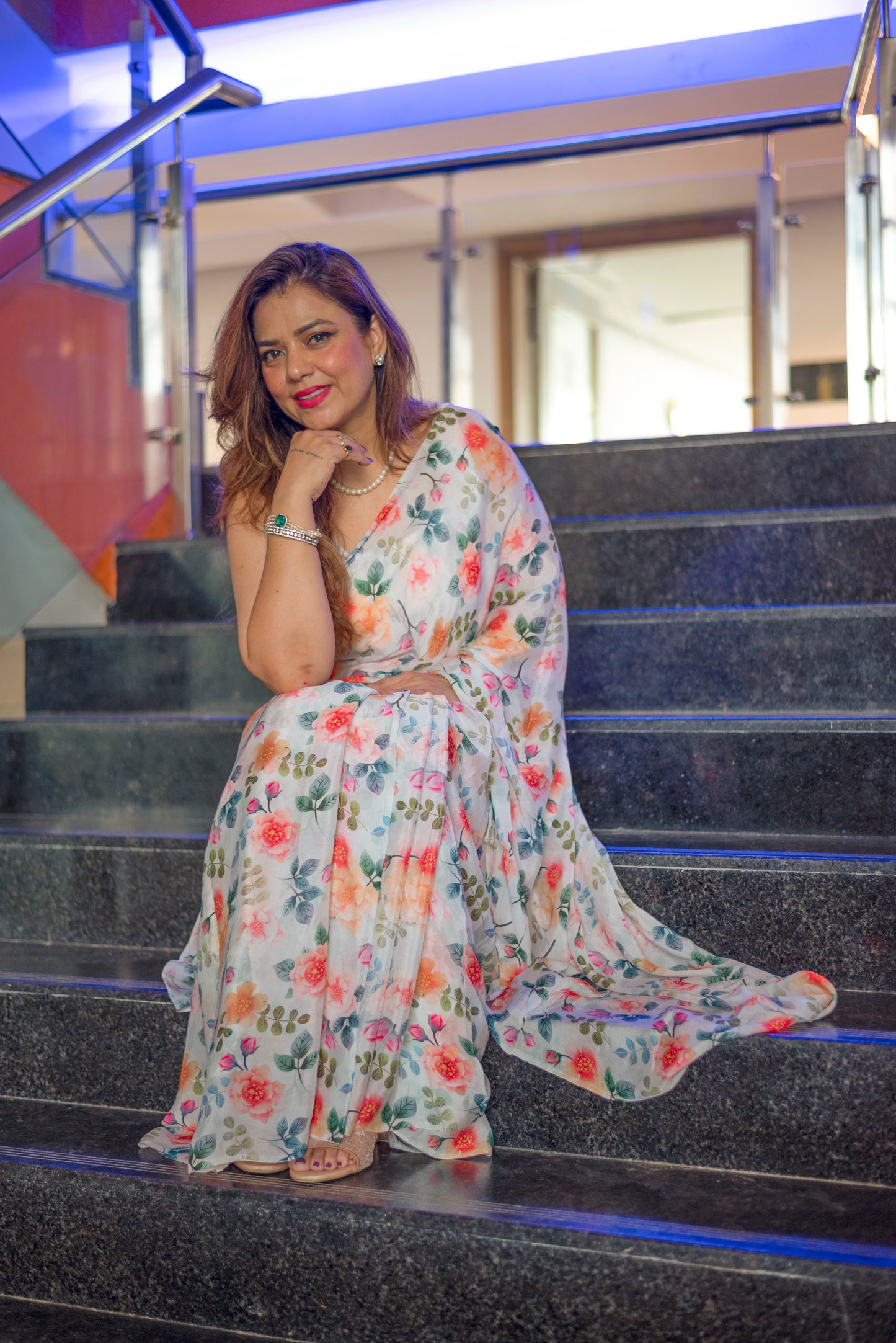 White Floral Printed Saree