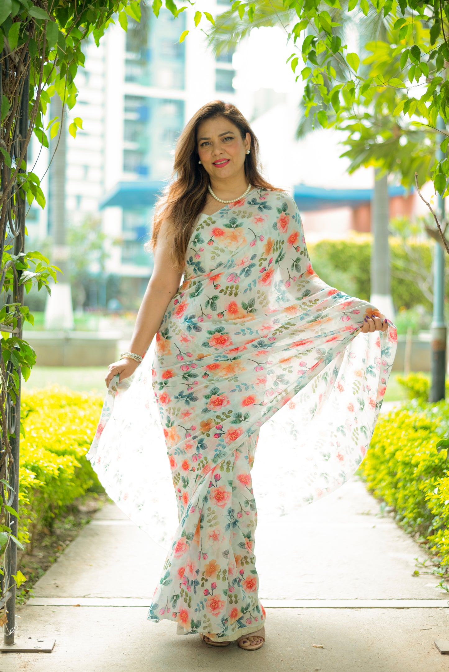 White Floral Printed Saree