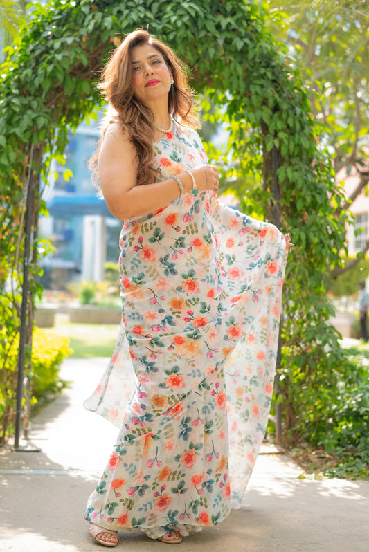 White Floral Printed Saree