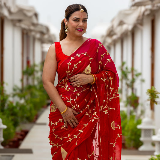 Red Gotta Patti Chiffon Saree