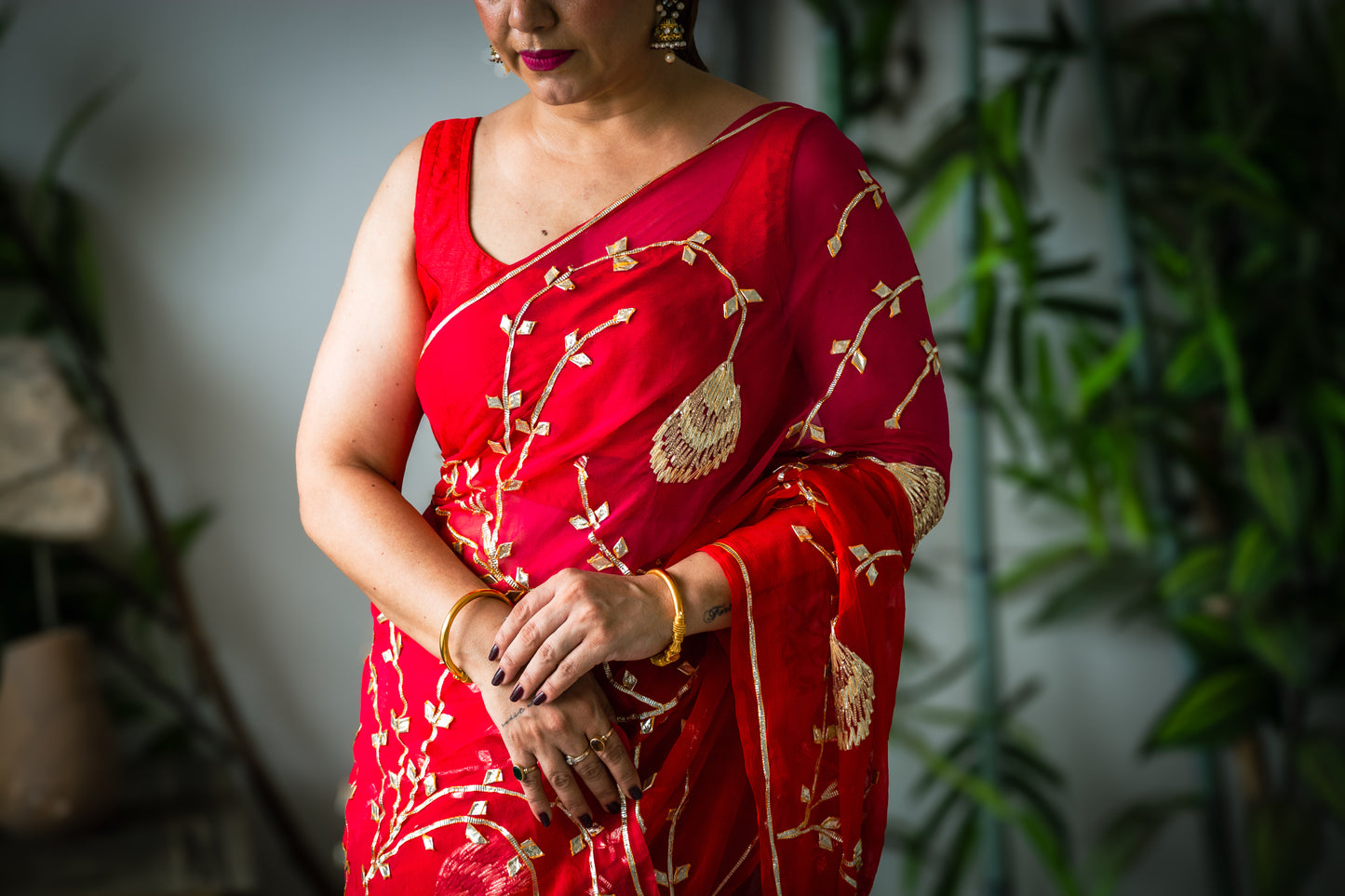 Red Gotta Patti Chiffon Saree