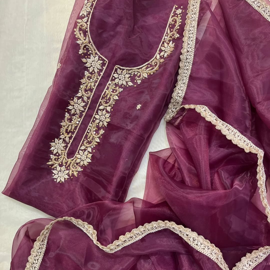 Emerald Zardosi Organza Suit Fabric