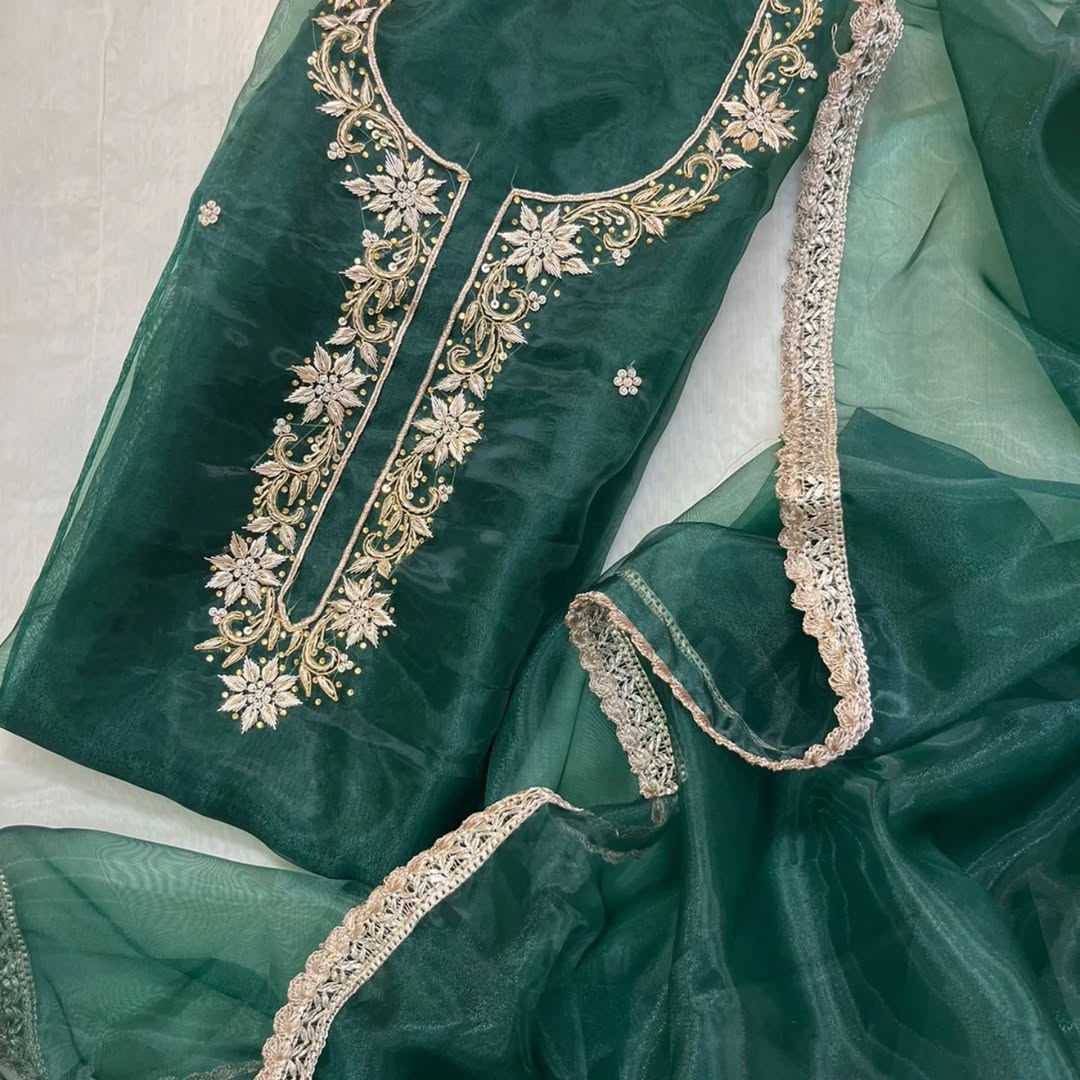 Emerald Zardosi Organza Suit Fabric