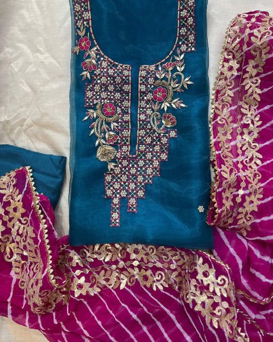 Turquoise & Red Organza Suit