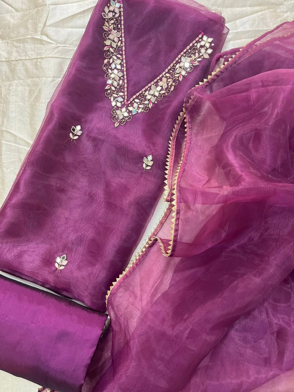 V Neck Organza Handwork Suit Fabric
