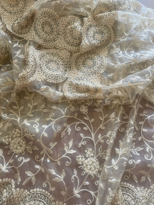 Beige Net Pearl Saree
