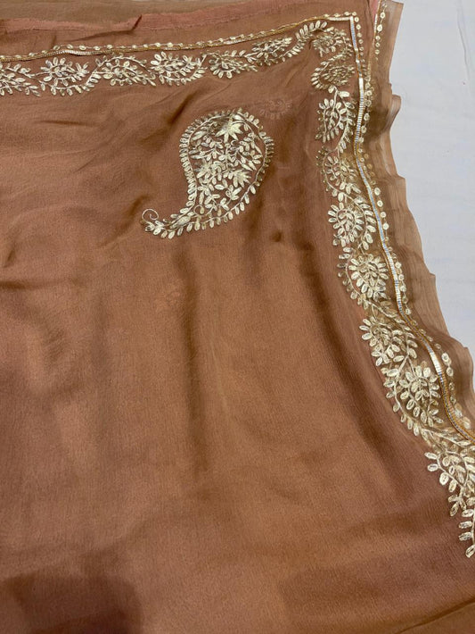 Brown Pitta Work Saree
