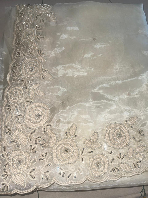 Ivory Pearl Glass Organza Saree
