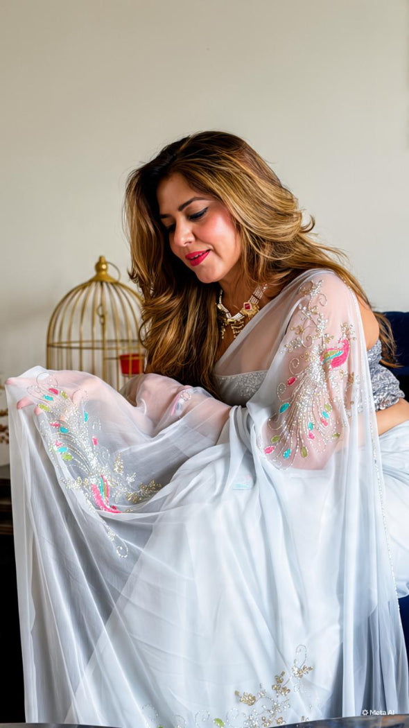 Ice Blue Peacock Chiffon Saree