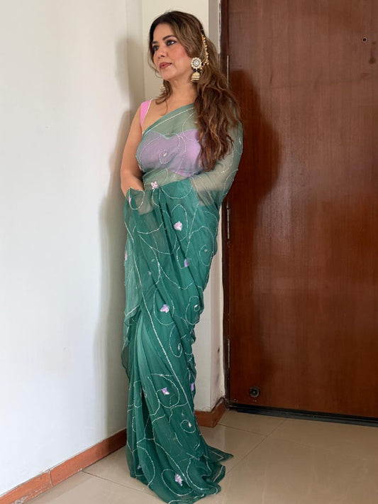 Ombre Green Chiffon Saree