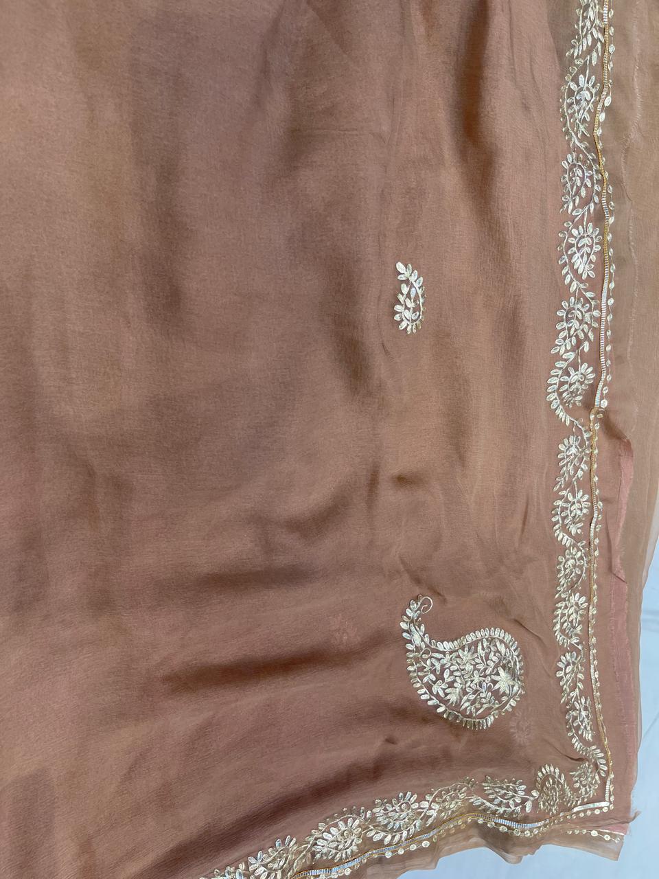Brown Pitta Work Saree
