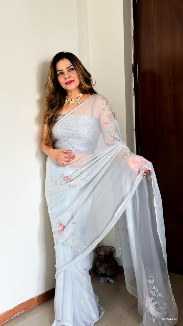 Ice Blue Peacock Chiffon Saree