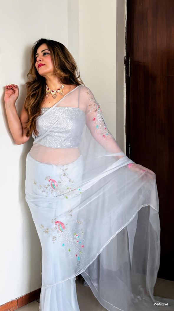 Ice Blue Peacock Chiffon Saree