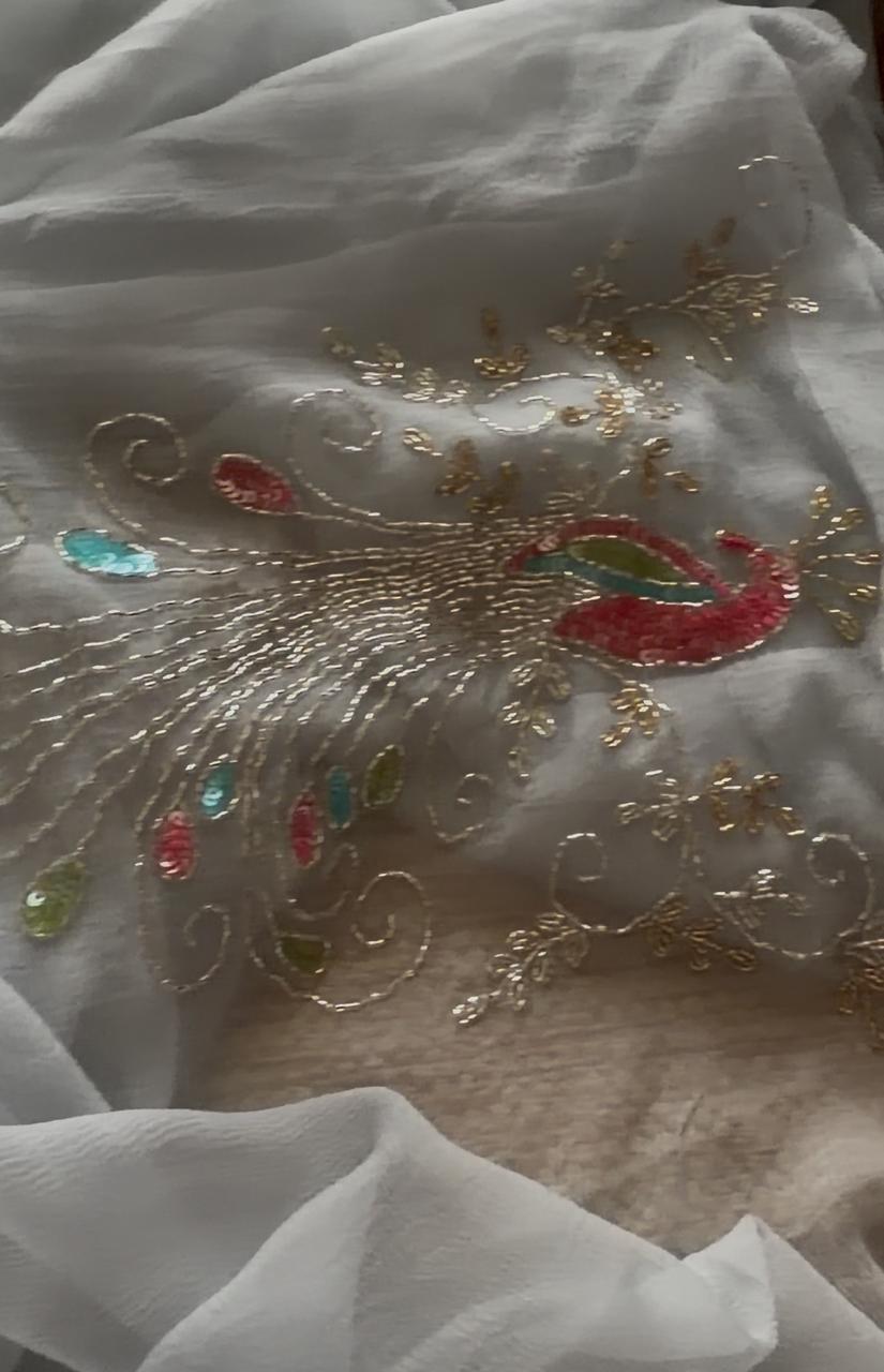 Ice Blue Peacock Chiffon Saree