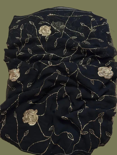 Black Rose Sequins Chiffon Saree
