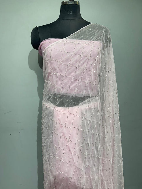 Pastel Pink Cutdana Chiffon Saree