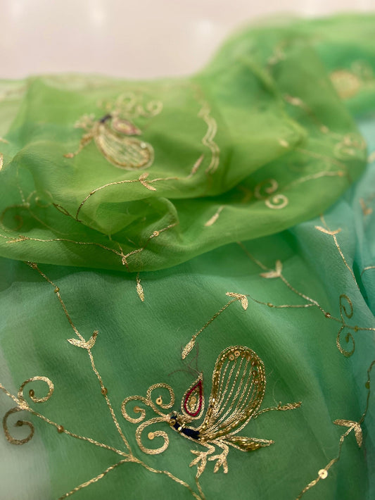 Lime Peacock Chiffon Saree
